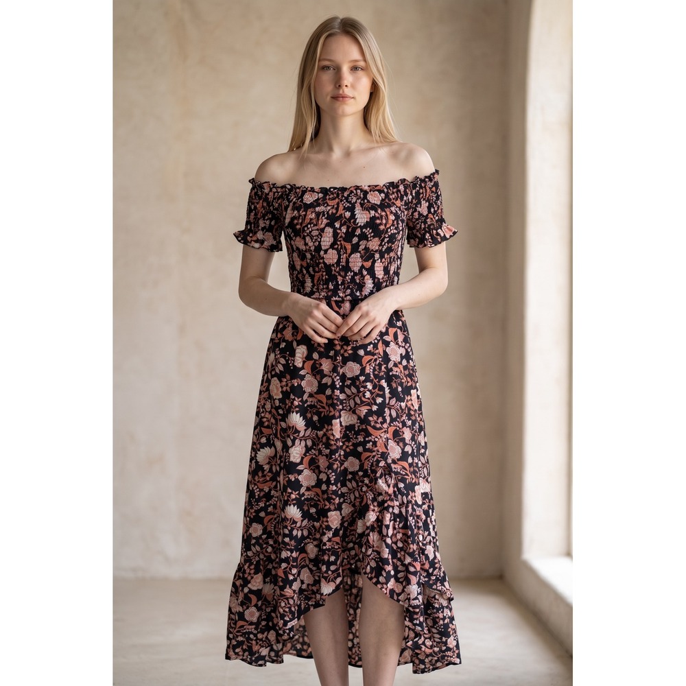 Mi Ami Francesca's Floral Smocked High-Low Off Shoulder Midi Dress Dark Fairy M